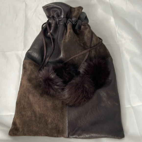 SHOE BAG Dark Chocolate Brown Pom Pom  Drawstring Genuine Leather Fur Patchwork - Picture 2 of 7